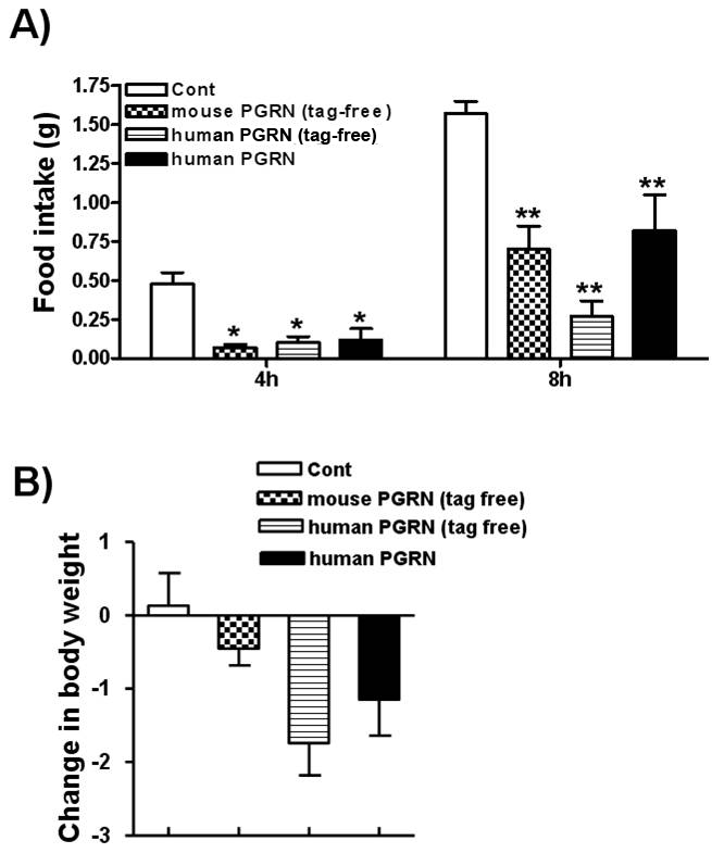 <b>Regulation of food intake and body weight by mouse progranulin.</b> Permanent 26-gauge stainless steel cannulae were implanted into the third ventricle (ICV), or into the bilateral mediobasal hypothalamus (iMBH) of mice. After a 1-week recovery period, mice were handled daily for 3 days to acclimatize them to the injection procedure. Correct positioning of ICV-implanted cannulae was tested by verifying the presence of a dipsogenic response to angiotensin-2 (50 ng). The correct positioning of each iMBH cannulae was confirmed by histological examination, performed by independent observer after each animal was sacrificed. Only mice in which cannulae had been correctly positioned were included in data analysis. The peptides, 2-DG and AICAR were dissolved in 0.9% (w/v) saline and administered in a total volume of 2.5 ml for ICV injection and 1 ml for iMBH injection, respectively. Food intake and body weight were monitored for 24 h post-injection.