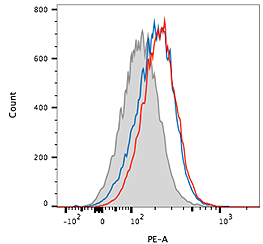 Detection of endogenous mouse LRP5/6 using anti-LRP5/6, mAb (rec.) (Heldy-1-4) (Prod. No. AG-27B-0019). <strong>Method:</strong> B16 melanoma mouse cells were stained with anti-LRP5/6, mAb (rec.) (Heldy-1-4) (blue and red lines) (1/100 in PBS + 2% FCS) or with the secondary antibody alone as control (gray area) for 1h at 4°C. The staining was revealed with a secondary anti-human IgG-PE (1/200) and then analyzed by flow cytometry. The blue and red lines represent two different lots of anti-LRP5/6, mAb (rec.) (Heldy-1-4). <em>Picture courtesy of Prof. Werner Held lab, Ludwig Institute for Cancer Research, Lausanne, Switzerland.</em> Detection of endogenous mouse LRP5/6 using anti-LRP5/6, mAb (rec.) (Heldy-1-4) (Prod. No. AG-27B-0019). <strong>Method:</strong> B16 melanoma mouse cells were stained with anti-LRP5/6, mAb (rec.) (Heldy-1-4) (blue and red lines) (1/100 in PBS + 2% FCS) or with the secondary antibody alone as control (gray area) for 1h at 4°C. The staining was revealed with a secondary anti-human IgG-PE (1/200) and then analyzed by flow cytometry. The blue and red lines represent two different lots of anti-LRP5/6, mAb (rec.) (Heldy-1-4). <em>Picture courtesy of Prof. Werner Held lab, Ludwig Institute for Cancer Research, Lausanne, Switzerland.</em>