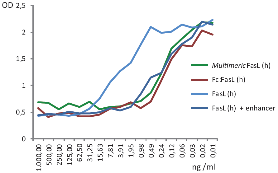 Oligomerisation of FasL (h) efficiently triggers Jurkat cell death.<br /><b>Method:</b> Jurkat cells were treated O/N with the indicated concentrations of FasL (human) (multimeric) (rec.) (Prod. No. AG-40B-0130), Fc:FasL, Soluble (human) (rec.) (Prod. No. AG-40B-0132), FasL, Soluble (human) (rec.) (Prod. No. AG-40B-0001) or FasL, Soluble (human) (rec.) + TNF ligands enhancer (Prod. No. AG-44B-0001) (2 fold-dilutions, first concentration of 1000ng/ml). Cell death was quantified using PMS/MTS. The oligomeric FasL recombinant proteins (FasL (human) (multimeric) (rec.), Fc:FasL, Soluble (human) and FasL, Soluble (human) + TNF ligands enhancer) kill Jurkat cells at IC<sub>50</sub> <0.2ng/ml. Oligomerisation of FasL (h) efficiently triggers Jurkat cell death.<br /><b>Method:</b> Jurkat cells were treated O/N with the indicated concentrations of FasL (human) (multimeric) (rec.) (Prod. No. AG-40B-0130), Fc:FasL, Soluble (human) (rec.) (Prod. No. AG-40B-0132), FasL, Soluble (human) (rec.) (Prod. No. AG-40B-0001) or FasL, Soluble (human) (rec.) + TNF ligands enhancer (Prod. No. AG-44B-0001) (2 fold-dilutions, first concentration of 1000ng/ml). Cell death was quantified using PMS/MTS. The oligomeric FasL recombinant proteins (FasL (human) (multimeric) (rec.), Fc:FasL, Soluble (human) and FasL, Soluble (human) + TNF ligands enhancer) kill Jurkat cells at IC<sub>50</sub> <0.2ng/ml.